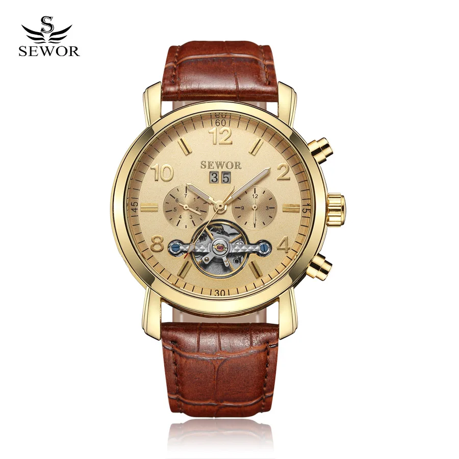 

SEWOR Men Tourbillon Full-automatic Mechanical Watch Luxury Fashion Brand Leather Man Calendar Week Multifunctional Watches