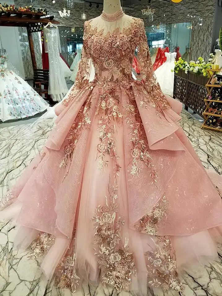 Pink Розовые вечерние платья, элегантный мусульманский Саудовский арабский кружевной бальный наряд с длинными рукавами, гофрированная аппликация, бисерное жемчужное платье для выпускного вечера на заказ - Color: Pink