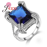 fashion jewelry christmas party gift square blue crystal cz ring for women girls engagement wedding ring fast shipping
