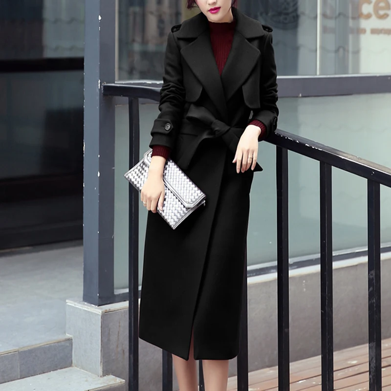 Женское кашемировое пальто RUGOD длинное теплое шерстяное с поясом верхняя одежда