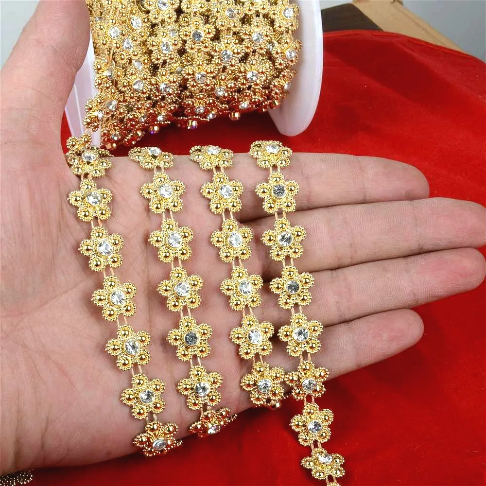 

1YD/2YD 17/32" Width Gold Pearl Flower Rhinestones Chain Trims Costume Applique Sewing