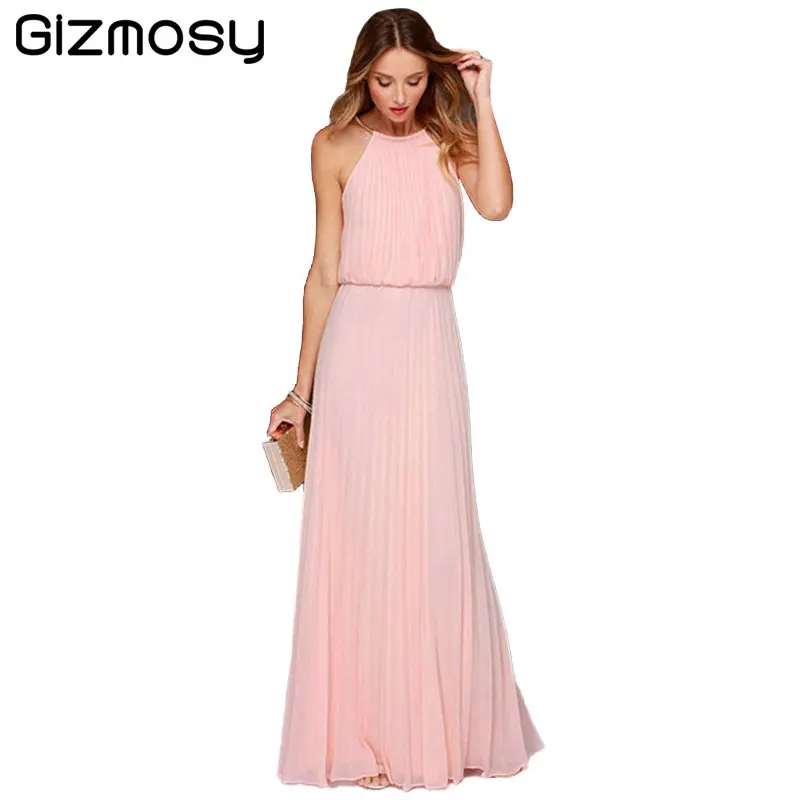 1PC Dress Female Sexy Waist Long Dresses Halter Pleated Sleeveless Spaghetti Strap Chiffon 5 Colors For Women SY2047 | Женская одежда