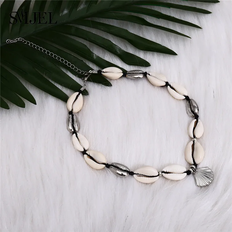 SMJEL Boho Seashell колье для женщин в виде раковины, колье, раковины, раковины, зеленый камень, бисер, Золотая цепочка, ожерелье, ювелирное изделие, бижутерия