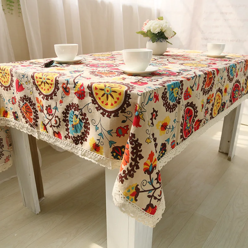 

Retro Linen Cotton Tablecloth Washable Coffee Dinner Bohemia Style Pattern Table Cloth for Christmas Wedding Banquet