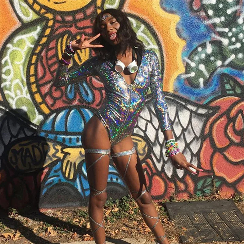 Женский комбинезон с капюшоном длинным рукавом на молнии голографическим