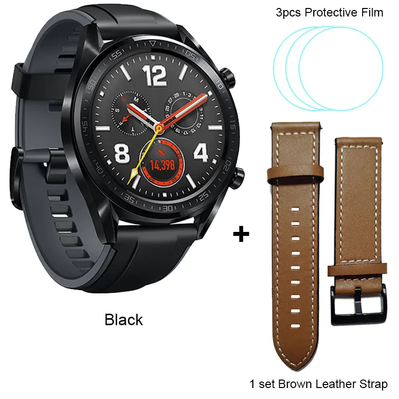 Black add Strap Film Huawei Watch GT Смарт часы Поддержка gps 5ATM водонепроницаемый AMOLED красочный экран телефонный Звонок трекер сердечного ритма для Android iOS - Цвет: Black add Strap Film