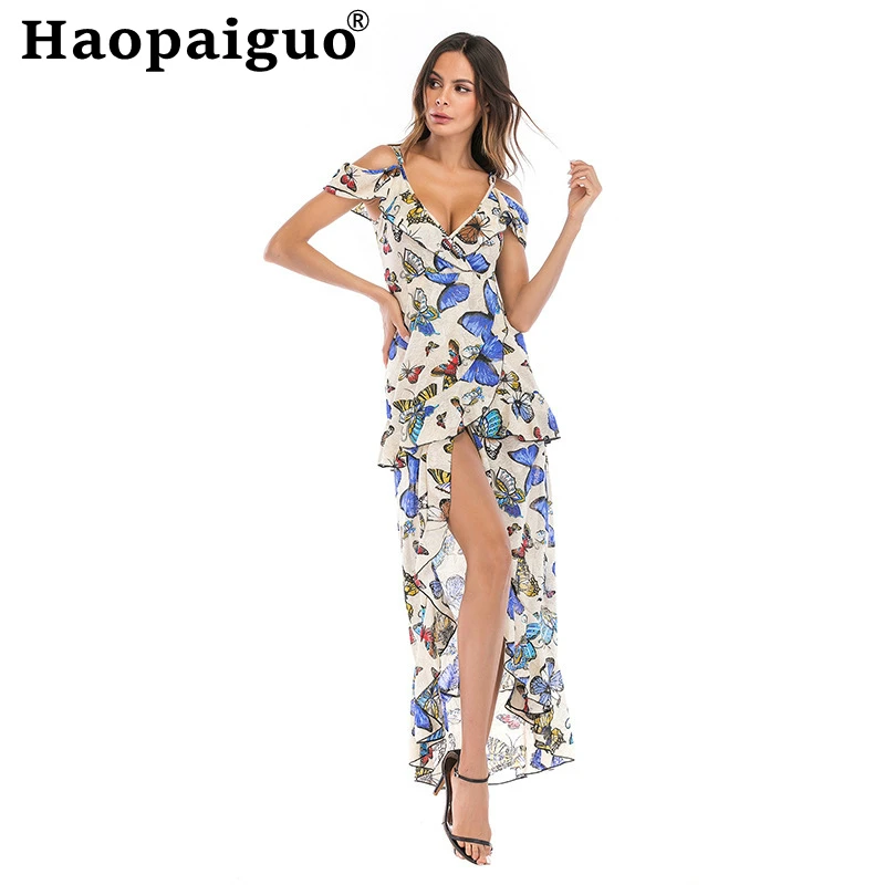 

Print Women's Asymmetric Dresses Sleeveless Spaghetti Strap High Split Sexy Party Dress Women Flower Summer Beach Dress 2019
