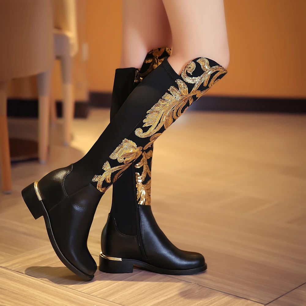 

NemaoNe Plus Size Luxury Design Shoes Women Bling Gold Sequined Knee High Boots Genuine Leather Stretch Party Autumn Winter Boot