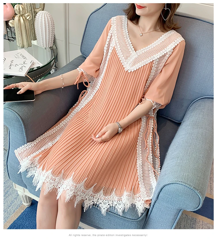Summer Sleeveless/Long Sleeve Maternity Chiffon Pleated Dress V-neck Lace Patchwork Tassel Hem Pregnant Women Dress Sweet