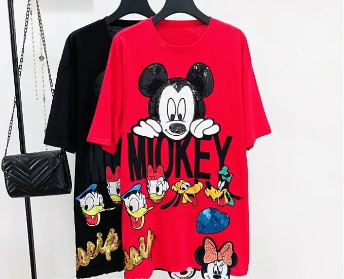 Korean Trendy Girl Student Cute Cartoon T-Shirt 3 Colors Letter Printed Sequins Short Sleeve Plus Size Loose Long Pullovers | Женская