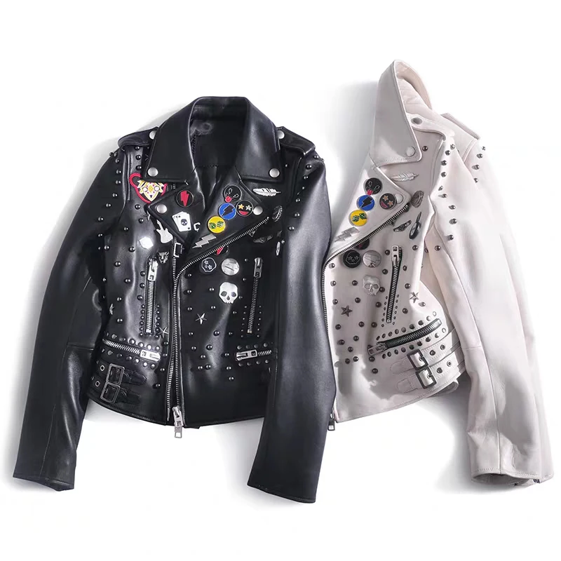 

ZURICHOUSE Genuine Leather Jacket Women Short Spring 2020 Fashion Rivet Biker Jacket White Black Natural Sheepskin Coat