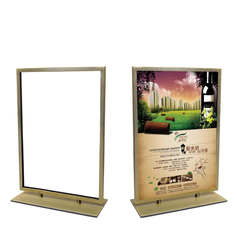 

Linliangmuyu Yellow Bronze Metal A4 Double-sided Advertising Sign Holder Desktop Display Stand For Store Good Quality Sturdy