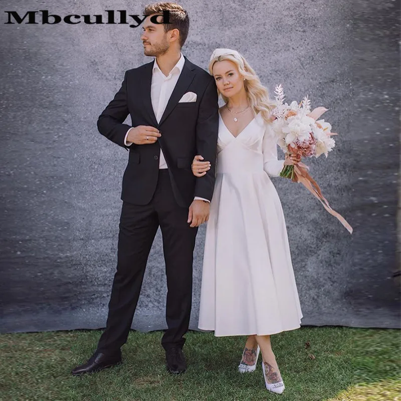 Mbcullyd Белое Атласное Свадебное Платье С v образным вырезом винтажные с длинными