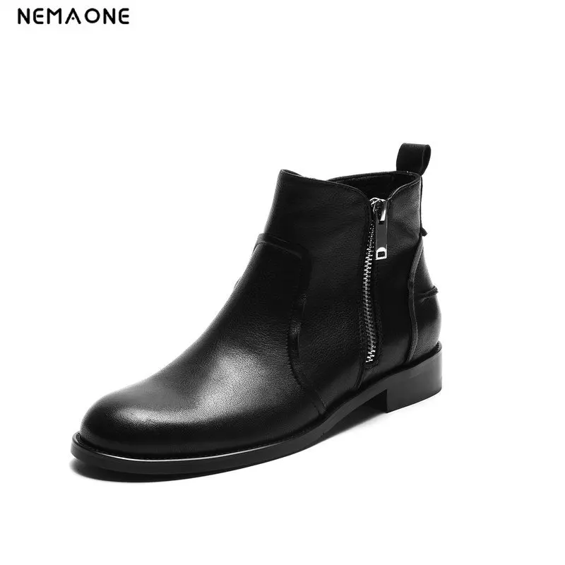 NEMAONE Women Boots Genuine Leather Chelsea Boots Handmade Ankle Boots Brand rouned Toe zipper Ladies Shoes Plush Size 42 43 44