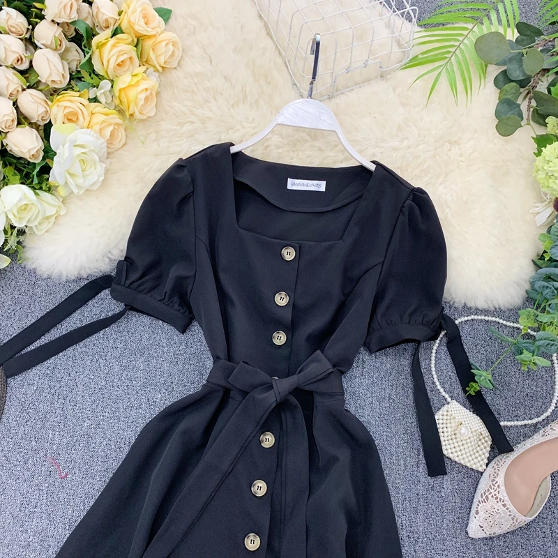 ALPHALMODA платье с квадратным воротником и короткими рукавами, французское Ретро однобортное платье с поясом и поясом, изящное летнее платье для девушек