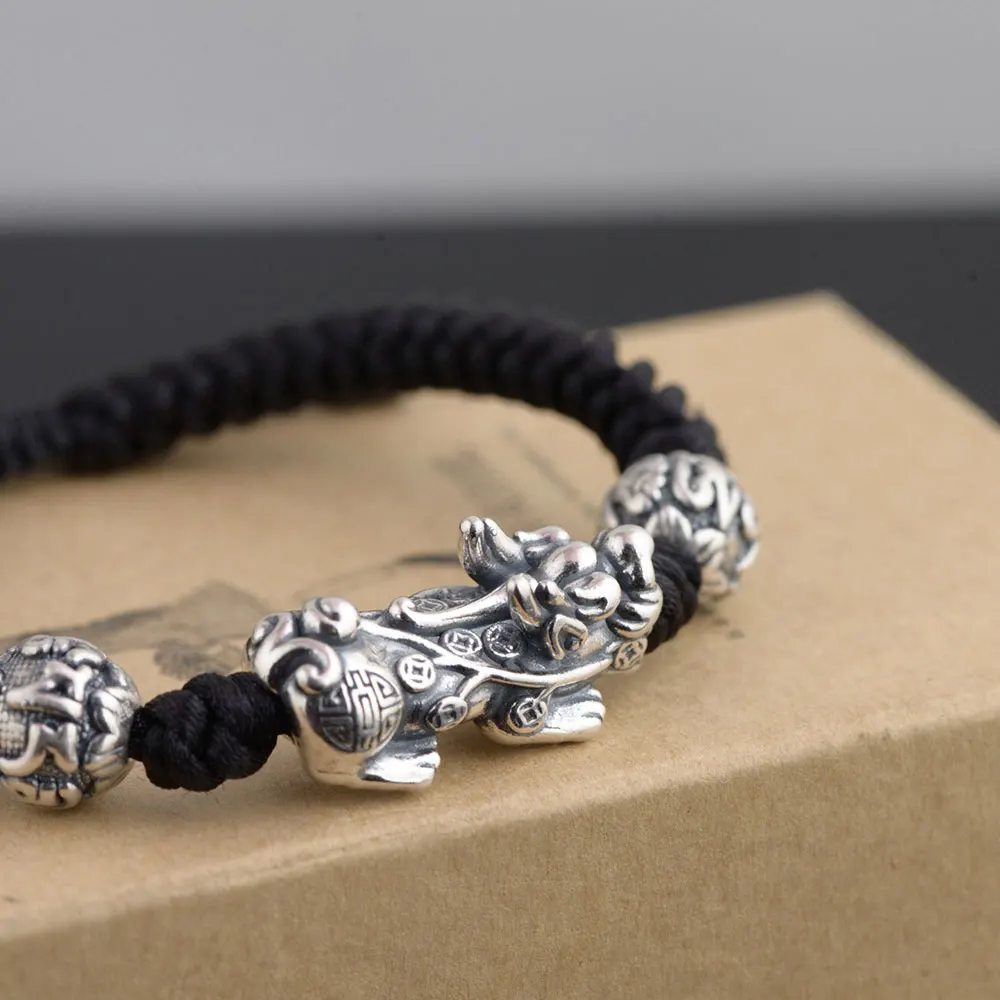 

Pure 925 Silver Pixiu Bracelet 18.5cm Adjustable Size Classic Rope Chain S925 Thai Silver Beads Bracelets for Men Jewelry