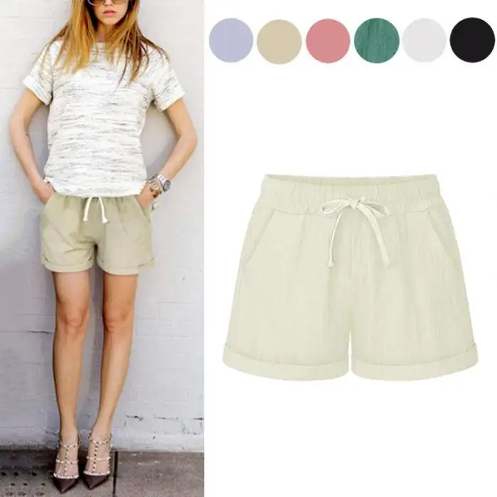 New Arrival Summer Women Wide Leg Shorts Cotton High Waist Drawstring Pockets Girl Casual Shorts Plus Size M-6XL