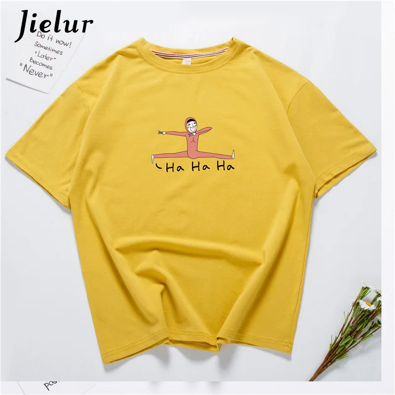 Jielur счастливый Harajuku Kawaii печатных забавная футболка Femme хлопок белая черный M-XXL