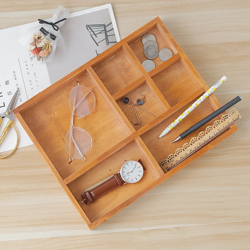 Retro Simple Wooden Desktop Storage Box Creative With Division Makeup Groceries Jewelry Organizer Home Organization | Дом и сад