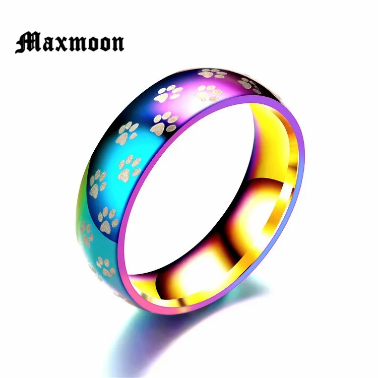 Maxmoon New Fashion Cute Dog Cat Paw Stainless Steel Beautiful Rainbow Anime Pet Finger Rings for Women Men Jewelry Nice Gift | Украшения и