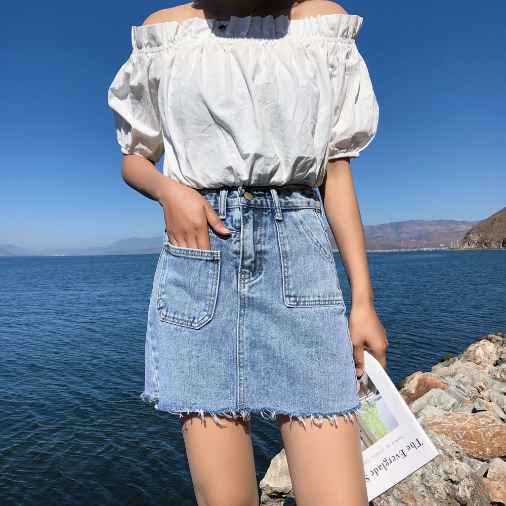 Blue Pockets Casual Mini Denim Skirt Spring Summer New Bodycon Women Skirt Basic Women Jeans Skirt High Waist Saias