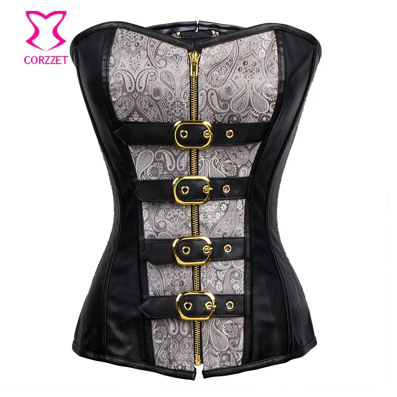 Beige/Black Leather Zipper And Buckle Steel Boned Steampunk Corset Gothic Corselet Sexy Bustier Top Women Corpete E Espartilhos