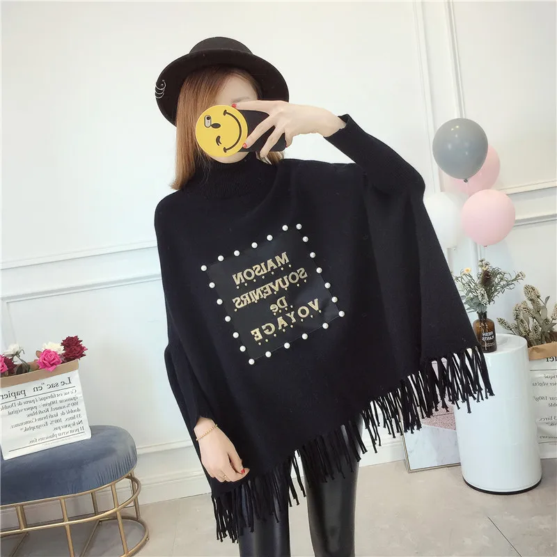 2021 Women Pullover Fashion Beaded Patch Sweater Autumn Winter Warm Wrap Swing Turtleneck Long Sleeve | Женская одежда