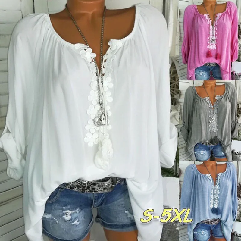 Женская футболка с длинным рукавом Повседневная Свободная круглым вырезом и