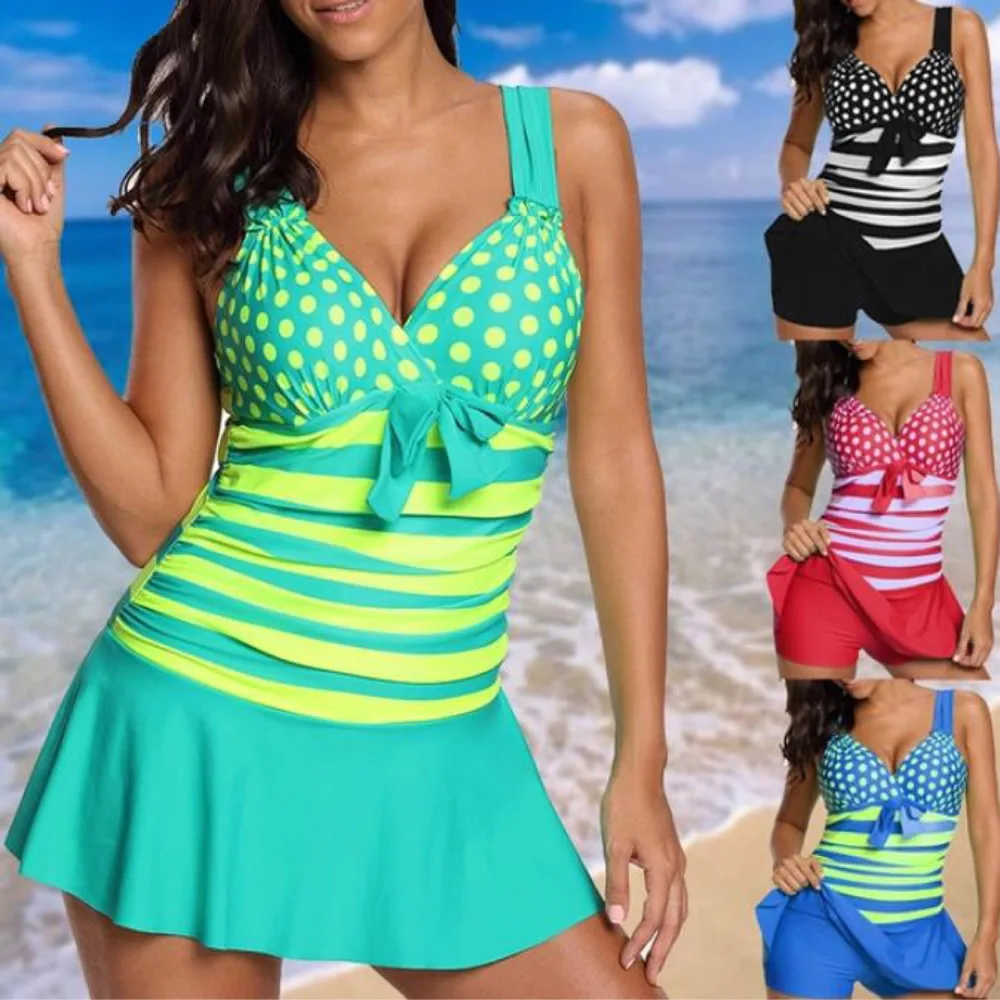 Винтажный горошек морской Купальник Холтер шеи Skirtini Swimdress Boyshorts купальники размера плюс S-5XL ретро полосатый купальник