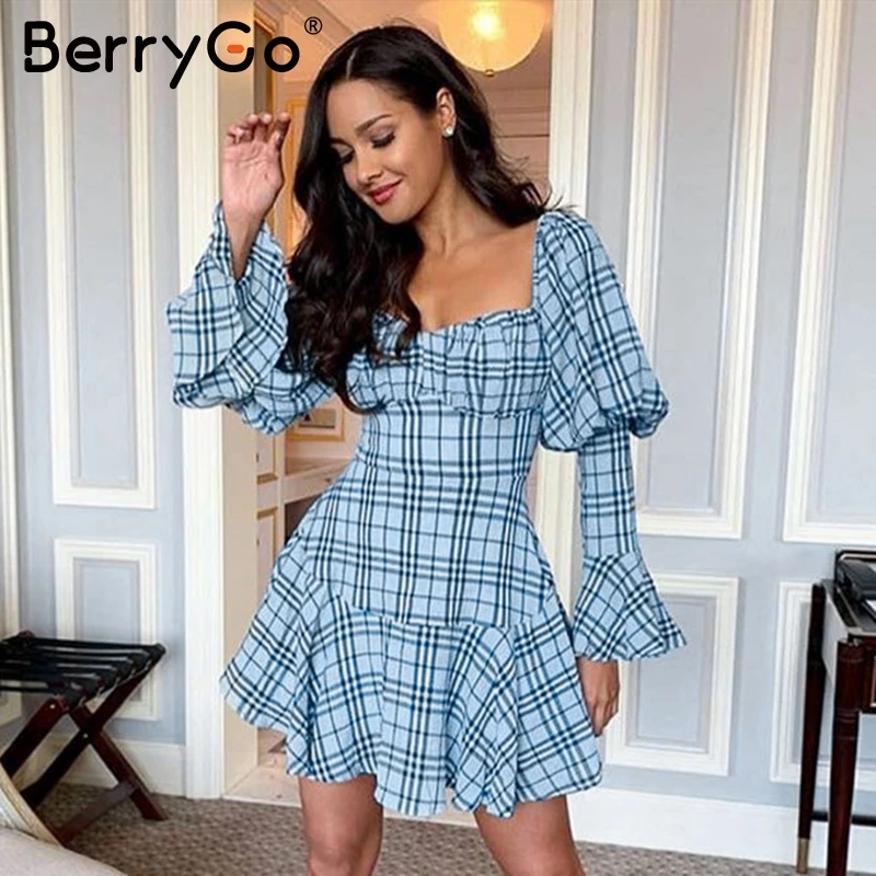 BerryGo Vintage puff sleeve plaid summer dress women Sexy square collar female Elegant ruffle office lady spring vestidos | Женская