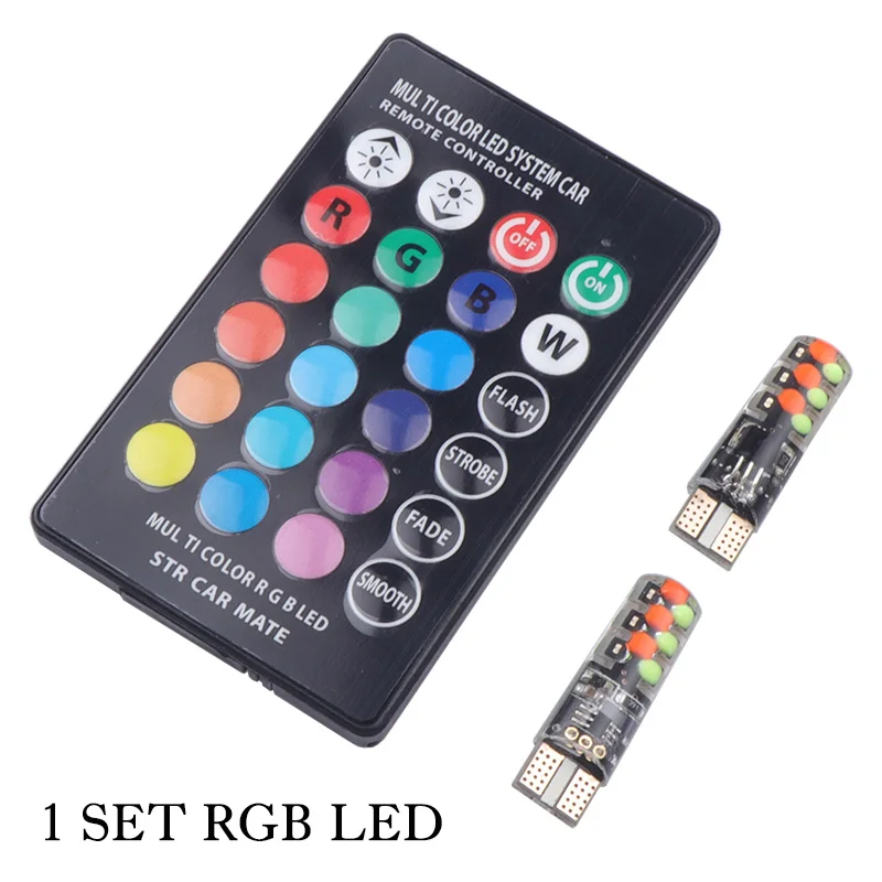 1 Set 2 шт. T10 W5W RGB светодиодный лампы с пультом дистанционного управления 12 чипов COB силиконовый корпус стробоскоп вспышка автоматическая лампа для чтения Клин автомобильный парковочный светильник - Испускаемый цвет: 1 Set