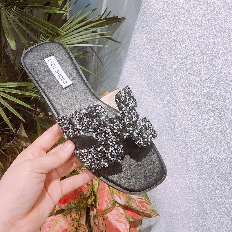 Новинка 2019 года летние модные женские пляжные шлепанцы с блестящими вставками