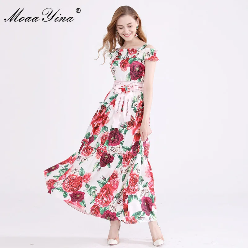 MoaaYina Fashion Designer Runway Dress Summer Women Spaghetti Strap Rose Floral Print Ruched Beading loveliness Elegant Dress