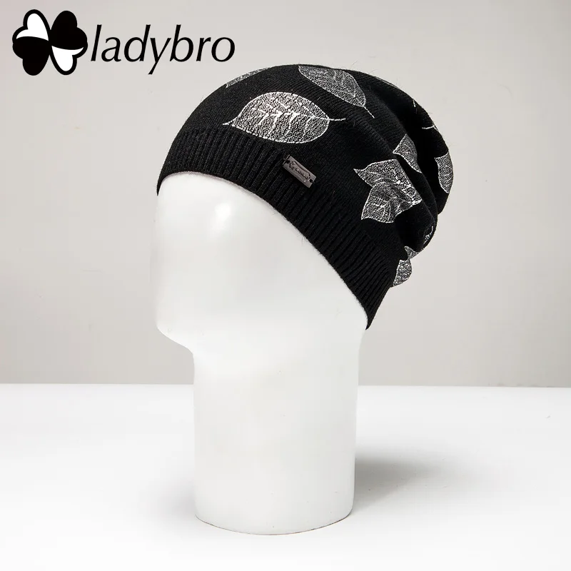 001 Ladybro зимние шапки для женщин, женская шапка бини, лыжные шапочки с листьями, повседневная женская теплая вязаная шапка, Женская шерстяная шапка - Цвет: 001