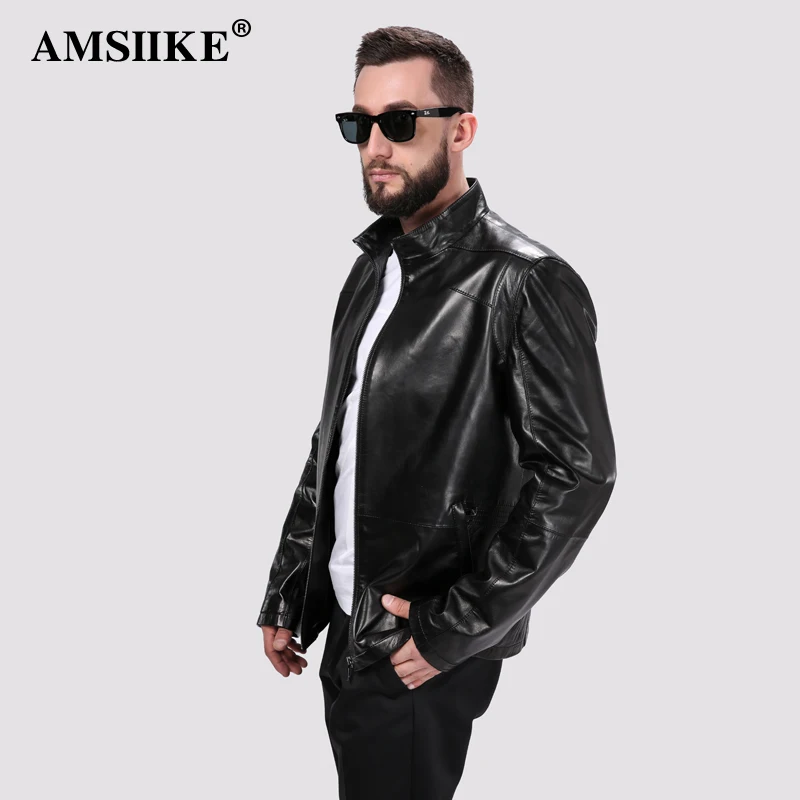 AMSIIKE Мужская Кожаная Куртка Воротник Стойка на Молнии A8279|jacket genuine leather|jacket jacketjacket - Фото №1