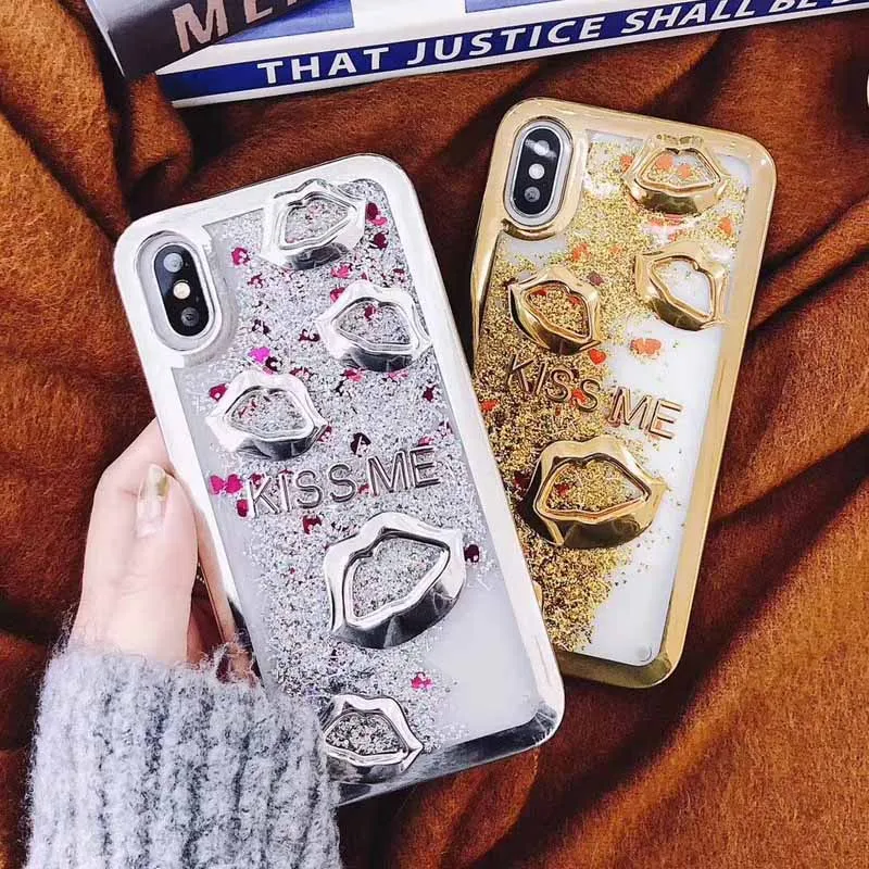 JIBAN 3D Cartoon Lips Glitter KISS ME letter Phone Case for iphone 5 SE Luxury Soft TPU Plating X 6 6s 7 8 plus |