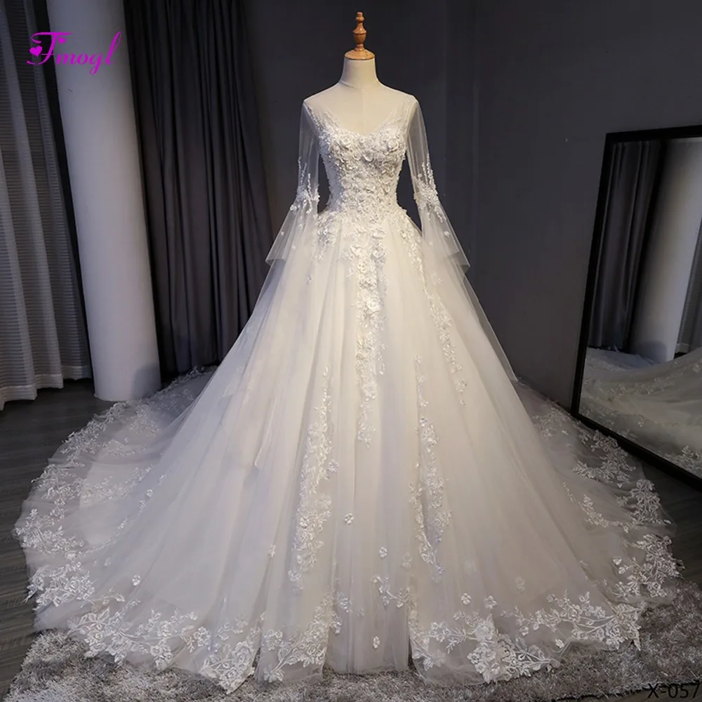 

Fmogl Charming V-neck Beaded Lace Up Chapel Train A-Line Wedding Dresses 2022 Appliques Long Sleeve Bridal Gown Vestido de Noiva
