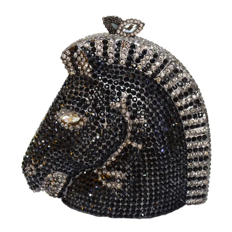 Роскошный вечерний клатч с кристаллами и лошадиной головой Золотая вечерняя