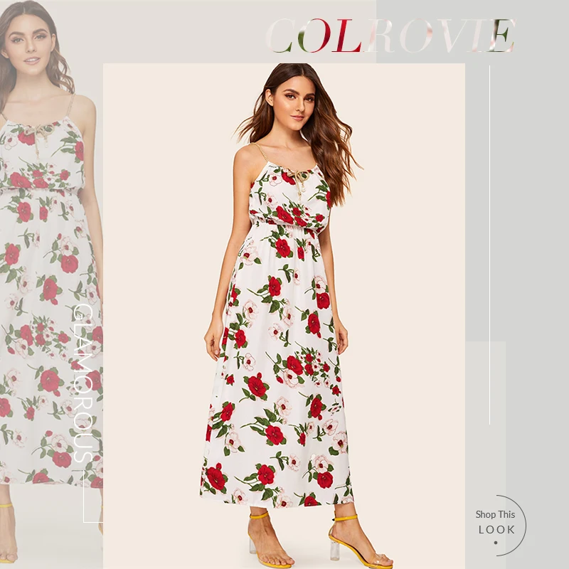 COLROVIE оплетенный ремешок из искусственного жемчуга с цветочным принтом Boho Cami длинное платье женское летнее Плиссированное пляжное платье без рукавов