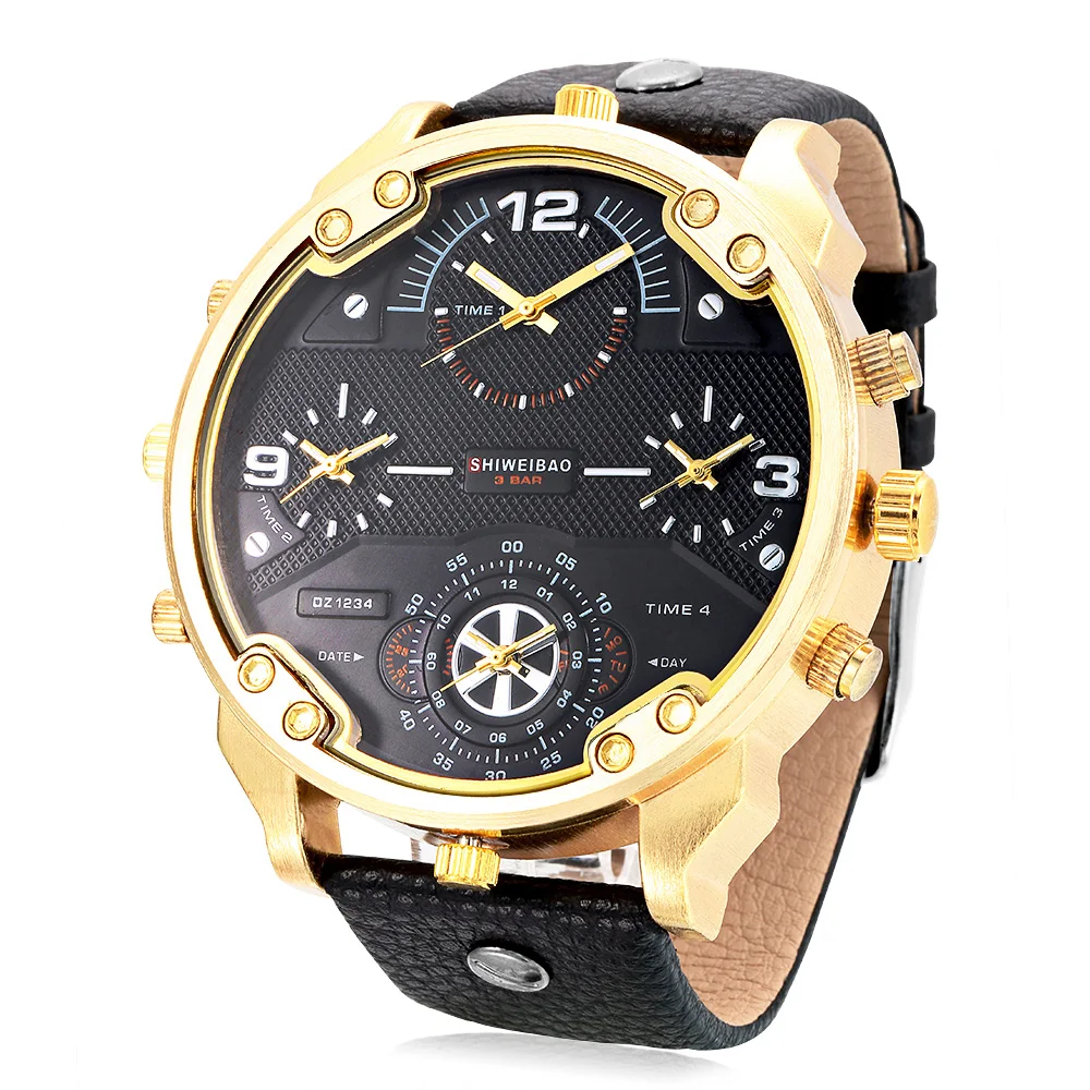 

Cool Big Case Watch Men Quartz Watches Four Times Zones Golden Case Leather Military Wristwatches Relogio Masculino Esportivo