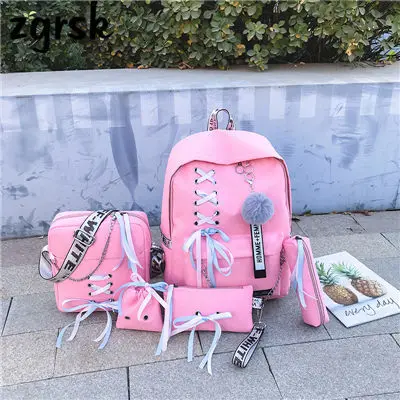 sets pink Цепь USB рюкзак Для женщин Холст 5 шт./компл. Для женщин рюкзак для девочек-подростков рюкзаки сумки через плечо женские школьные сумки с кисточками - Цвет: sets pink