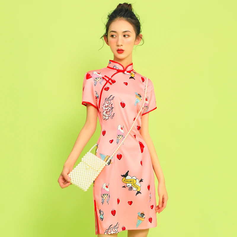 SWEETXUE розовый китайский Стиль улучшенная Cheongsam модное мини-платье 2019 Сезон лето