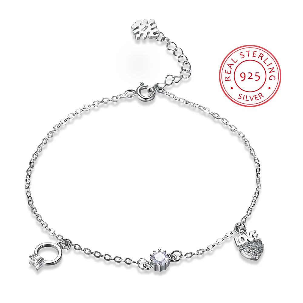 Женский браслет из серебра 100% пробы с кристаллами|heart charm bracelet|charm braceletsilver bracelet |