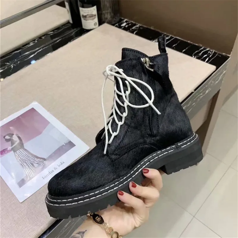 black horse hair Г., классические ботильоны для женщин из натуральной кожи, Осенние повседневные полусапожки женская черная обувь на платформе Ботинки martin на шнуровке - Цвет: black horse hair