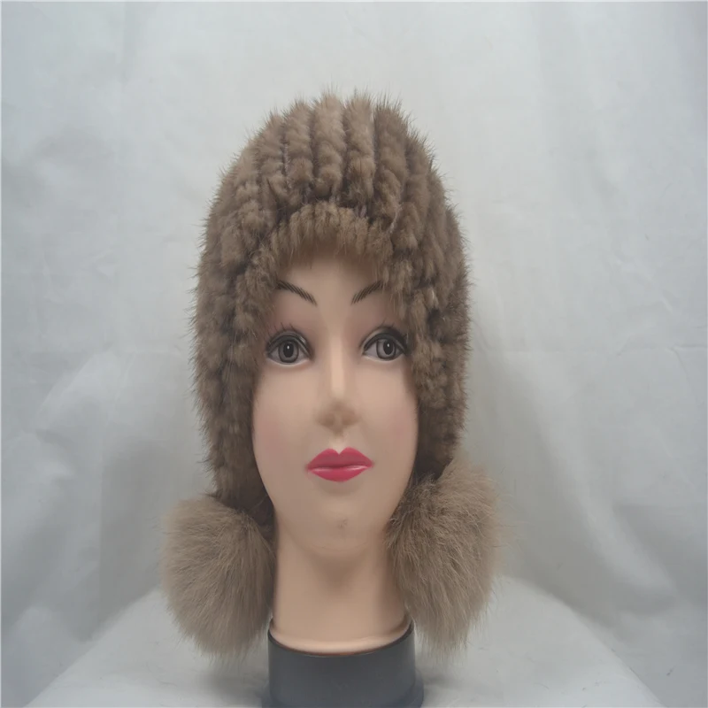 

Fur hat mink woven earmuffs suede warm hat fox ball hat