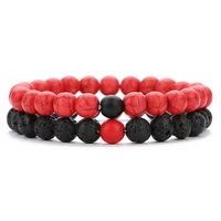 2pcsset couples jewelry classic distance bracelet bangle for men red black lava beaded bracelets matching personality
