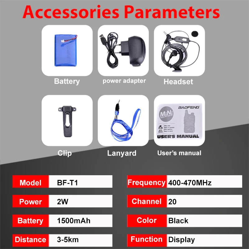 2pcs Baofeng BF-T1 Mini Walkie Talkie UHF 400-470MHz Kids FM Transceiver Radio With PTT Earpiece Child Two Way Radio Comunicador