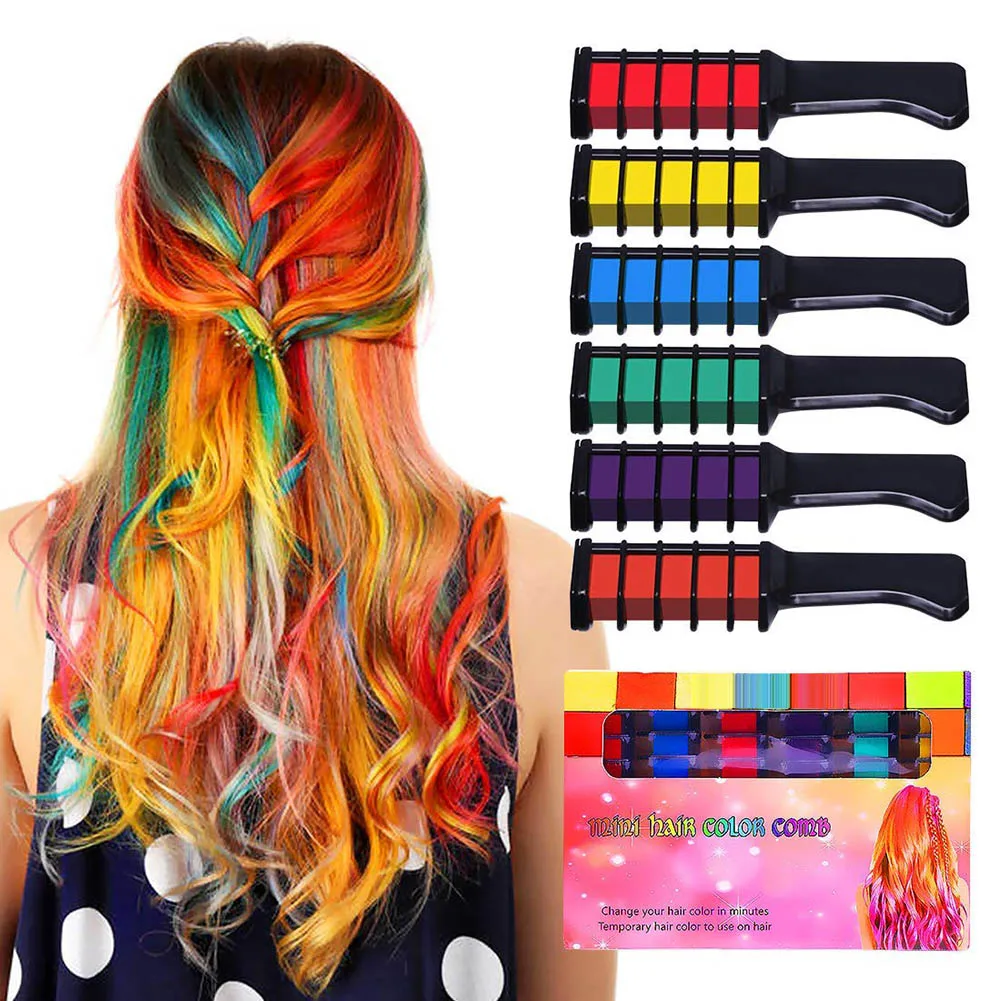 Temporary Hair Color Chalk Combs Kit 6 PCS Fashion Colorful Girls Party Cosplay Halloween Hair Salon Dyeing Combs