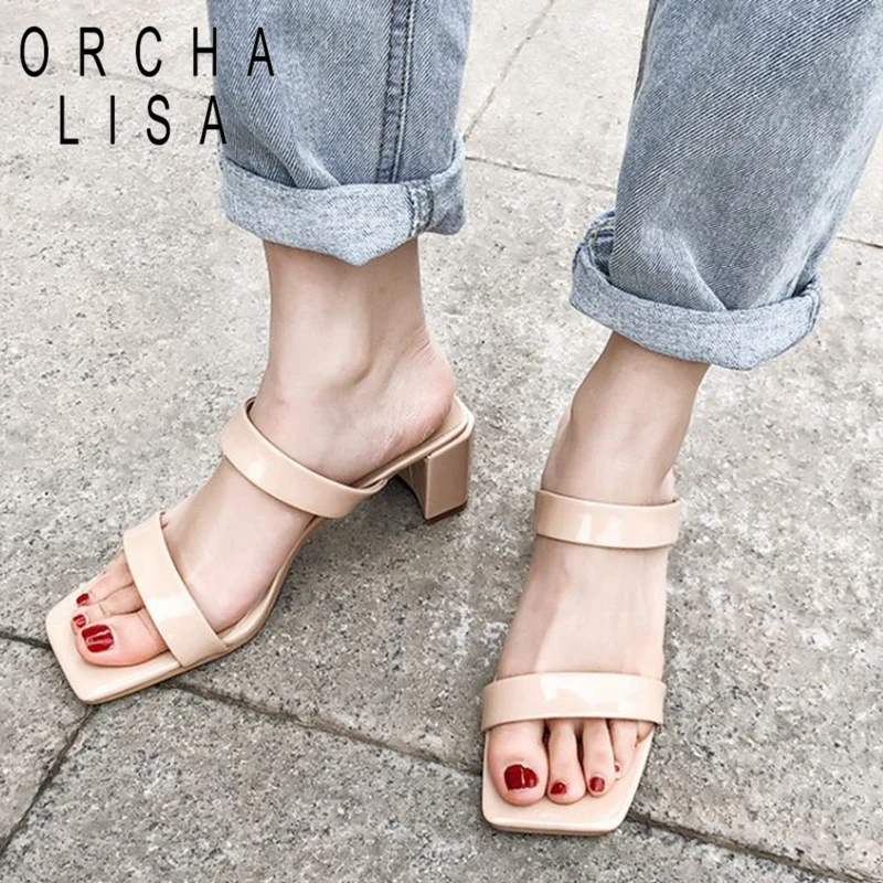 ORCHA LISA/натуральная кожа Шлёпанцы Для женщин тапочки с открытым носком обувь толстая обувь на высокой танкетке женские Шлёпанцы Летняя женская обувь size39