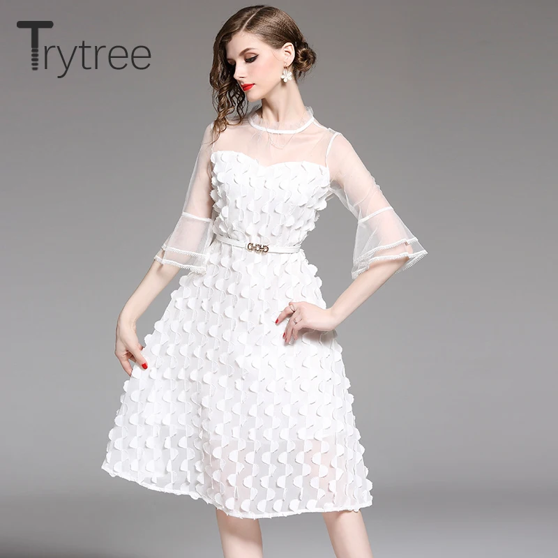Trytree летнее однотонное платье, ажурное Сетчатое лоскутное платье, волнистое женское платье, пояс с расклешенными рукавами, длина до колен, ТРАПЕЦИЕВИДНОЕ уличное платье